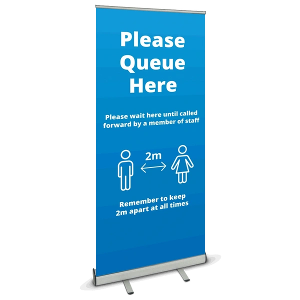 850 Roller Banner - Please Queue Blue